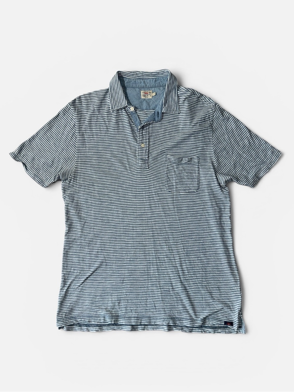 Faherty mens XL blue white stripe soft cotton casual polo shirt EuC